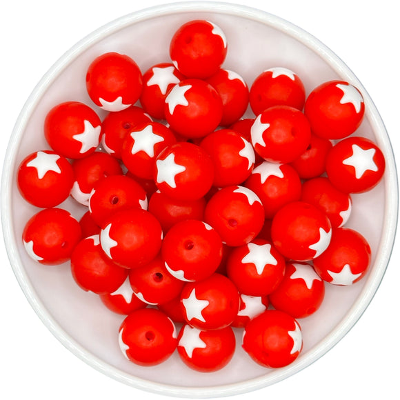 Red w/ White Star 15mm Silicone Bead