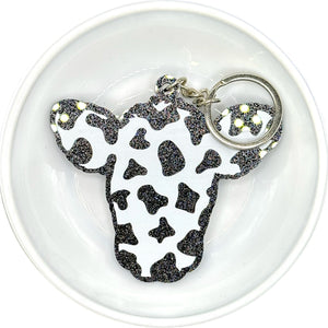 DECORATED Cow w/ Black Glitter Acrylic Keychain