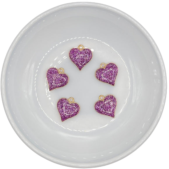 Purple Glittered Heart Charms 17x16mm